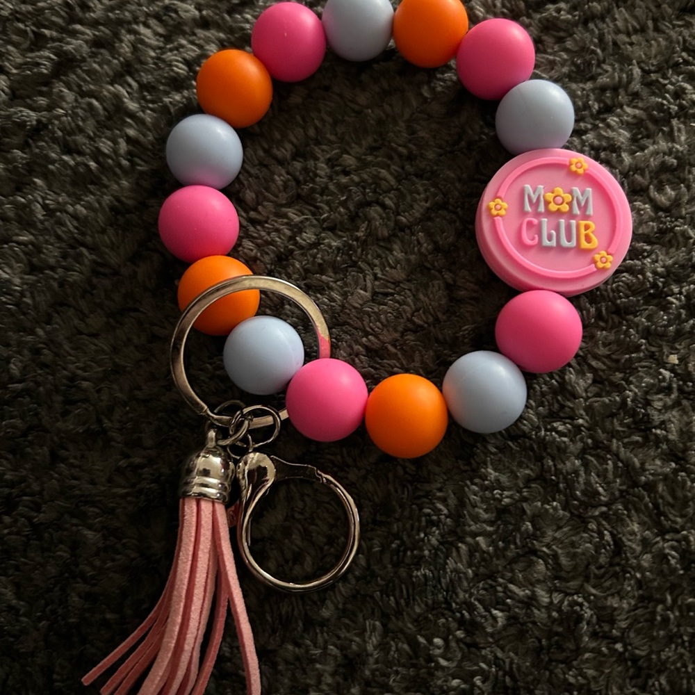 Mom Club Pink Beaded Keychain Bracelet with Tassel